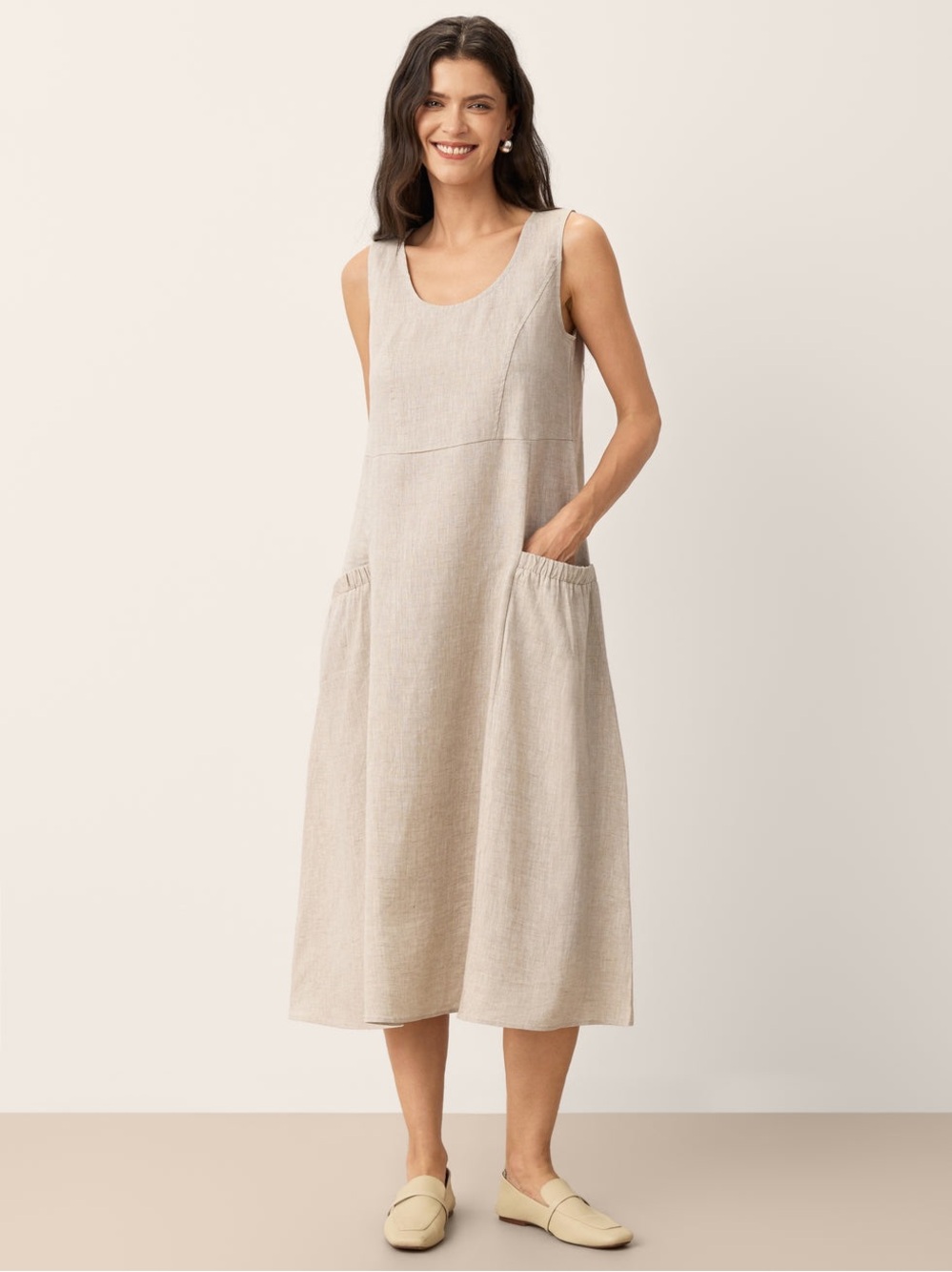 LINTICO Sleeveless Midi Linen-Blend Dress in Natural Taupe